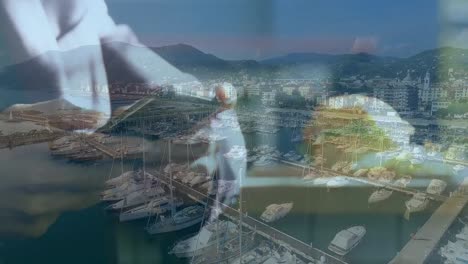 Animation-of-man-using-smartphone-over-cityscape