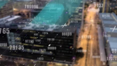 Animation of glitch, changing numbers over cityscape and road traffic