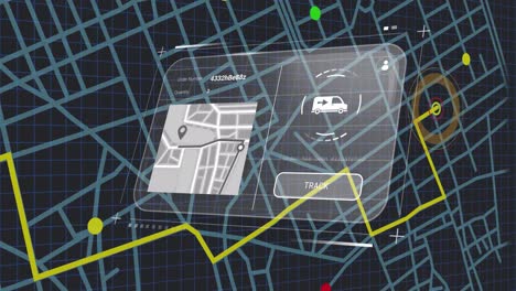 animation of digital interface with data processing over city map