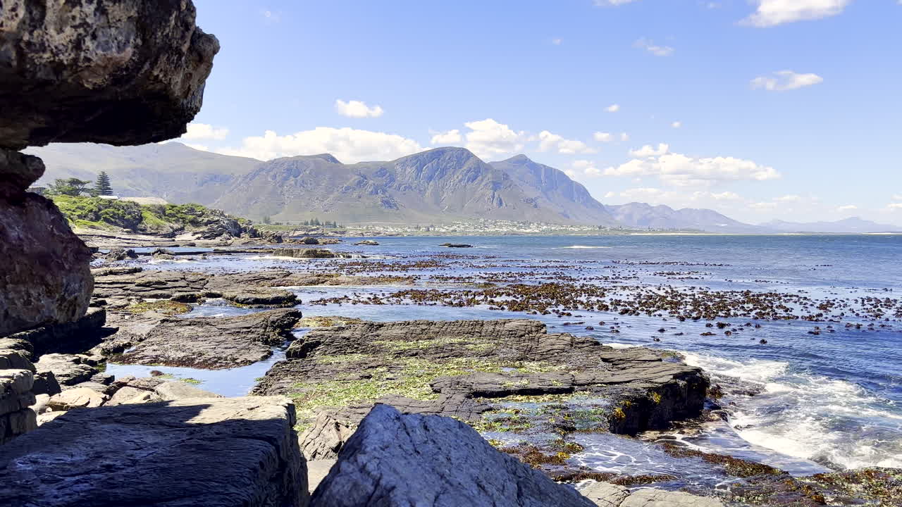 Scenic rugged coastline of Hermanus with gentle waves and kelp forests, Overberg