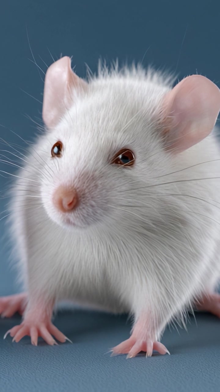 Un primo piano accattivante di un topo domestico bianco che mostra le sue delicate caratteristiche e la morbida pelliccia, perfetto sia per gli appassionati di animali che per gli amanti della fotografia.
