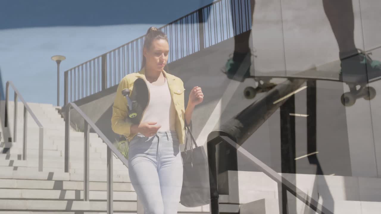 animación de una mujer caucásica caminando con un hombre caucásico patinando