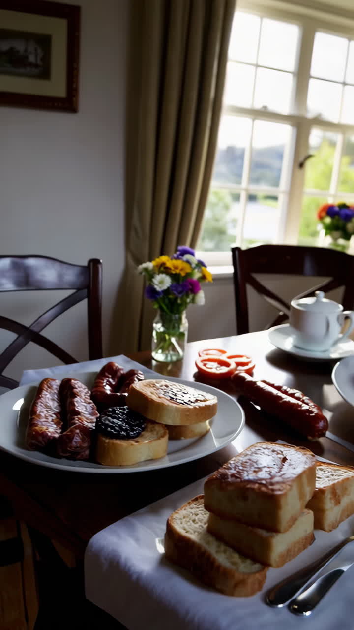 A hearty breakfast plate with fried egg, sausage, and toast on a wooden table