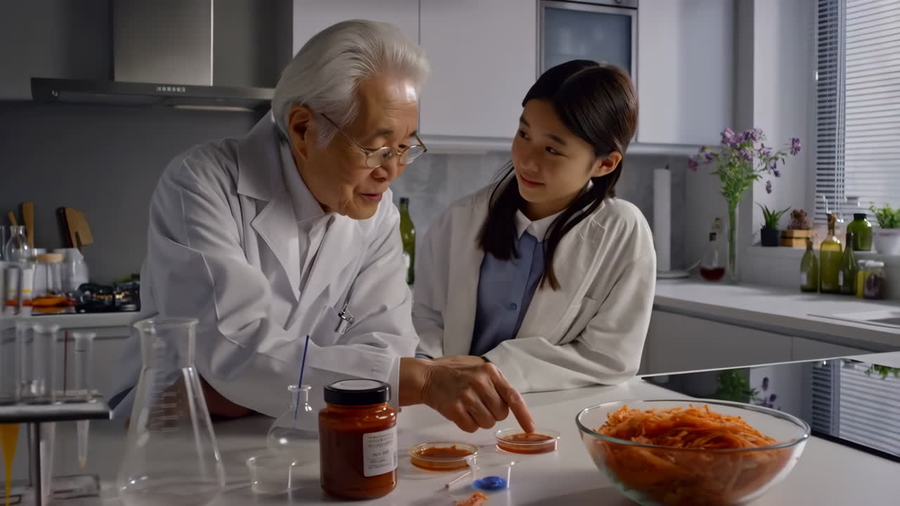 Scientists conducting experiment in kitchen