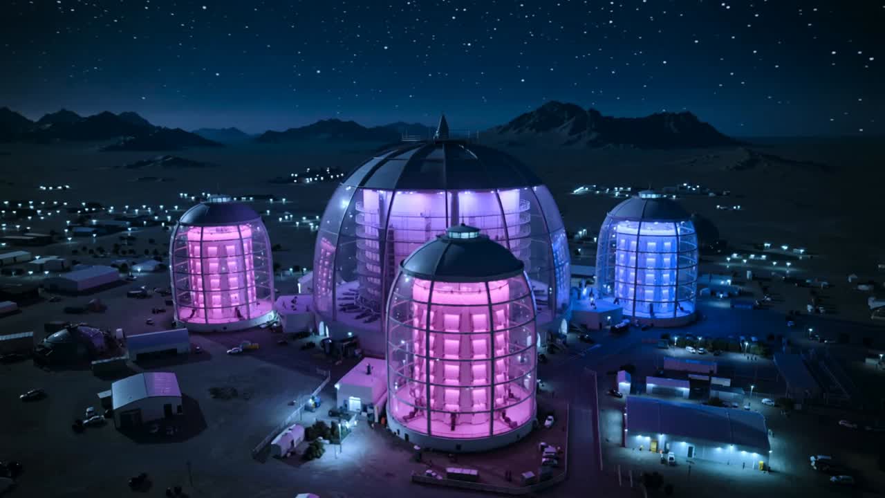 Pulling back aerial camera revealing three neon lit towers and dome in remote valley, showing land