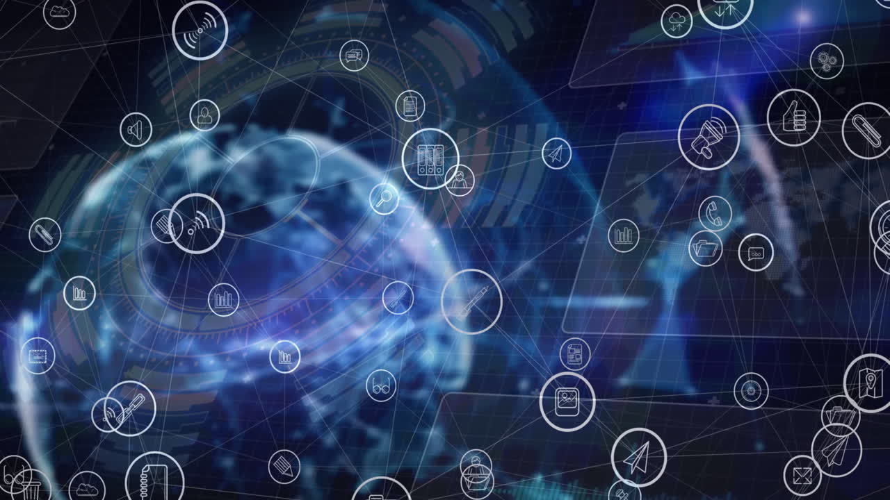 animación de la red de conexiones, iconos y procesamiento de datos en todo el mundo