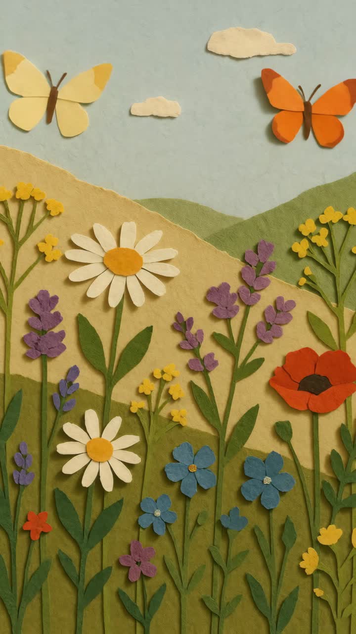 Whimsical paper art of colorful flowers and butterflies in a meadow