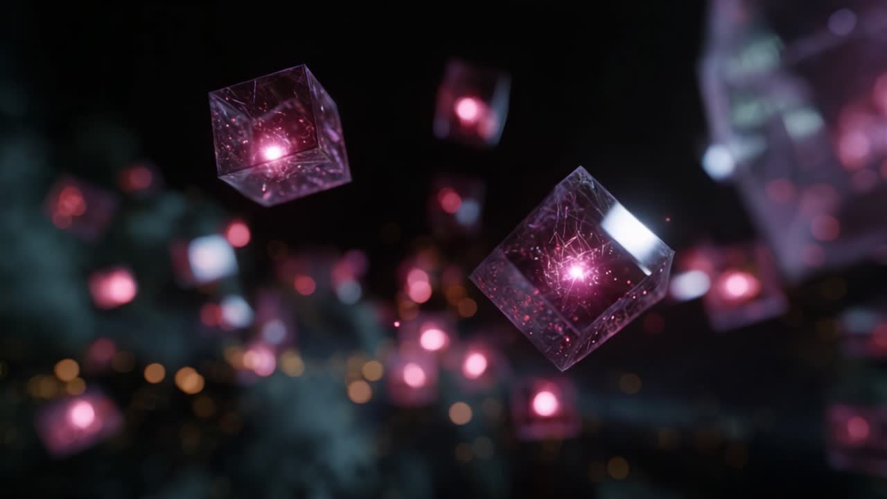 Floating transparent cubes with glowing interiors, suspended in a dark ambiance filled with luminous particles and ethereal lighting, creating a surreal digital atmosphere
