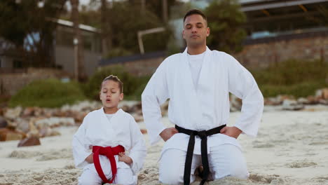 sea, karate teacher or child learning martial