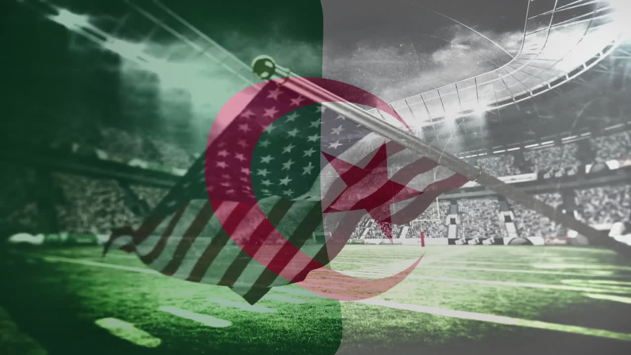 Patriotic emblem glowing over football field, merging flag stripes with crescent and star in 3D art