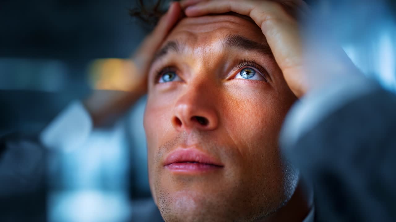 Un uomo con un'espressione di confusione e preoccupazione, che guarda verso l'alto mentre si tiene la testa, immortalando momenti di stress e contemplazione in un'atmosfera di tensione
