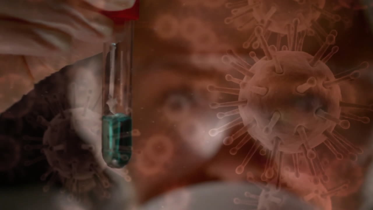 Animation of virus cells over caucasian female scientist working in lab