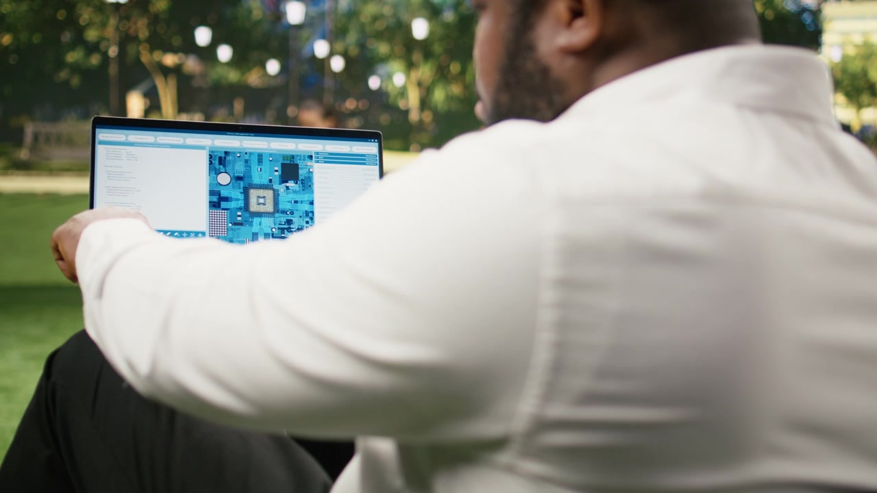 Forretningsmand bruger software med mikrochip og printplade-interface