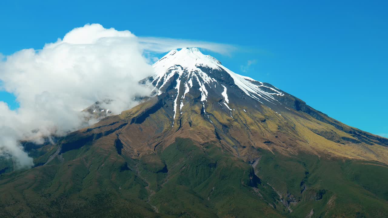 Mount Taranaki's close-up: Captivating stock footage capturing the majestic details of this iconic New Zealand peak