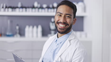 Face,-Asian-man-and-scientist-with-clipboard