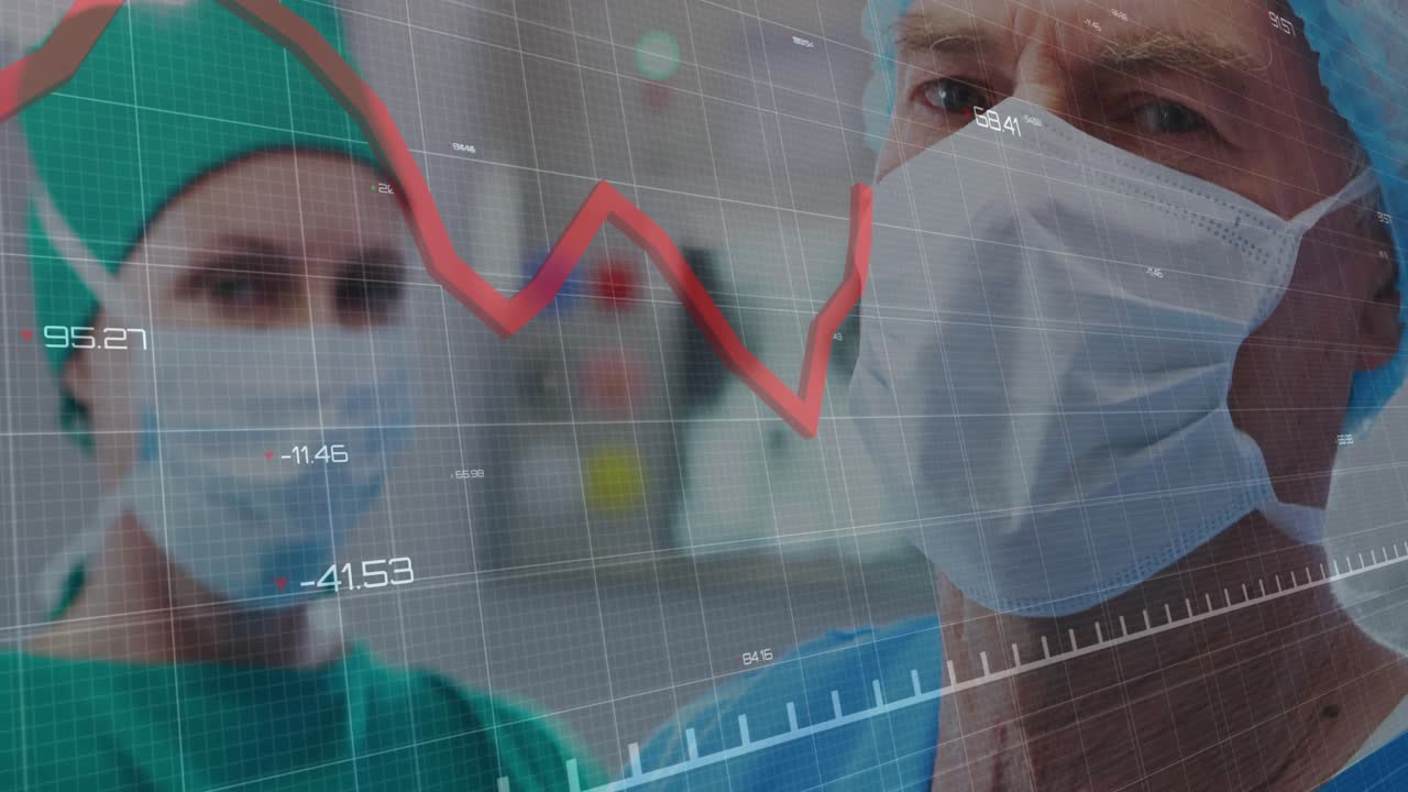 Surgeon showing wristband with grid and red graph fluctuating and nurse observing vitals