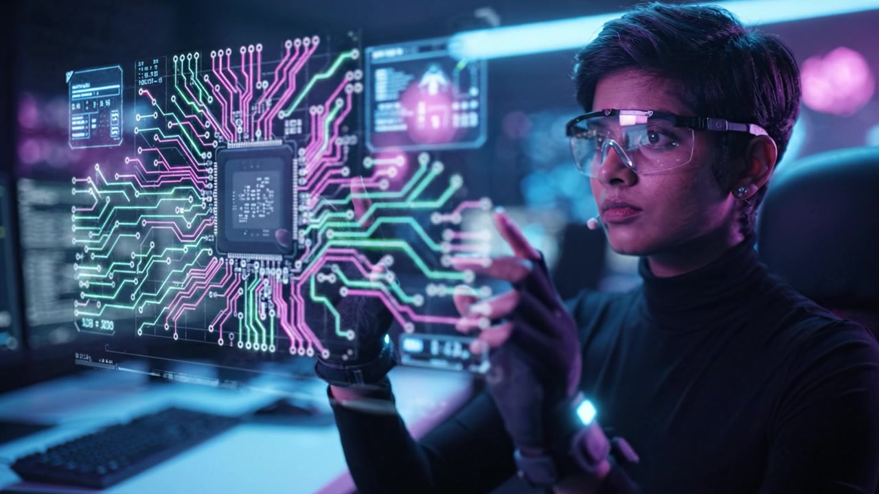 Innovative Tech Visionary Analyzes Advanced Circuitry and Data, Merging Digital and Physical Realms in a High-Tech Cyber Environment of Infinite Possibilities.