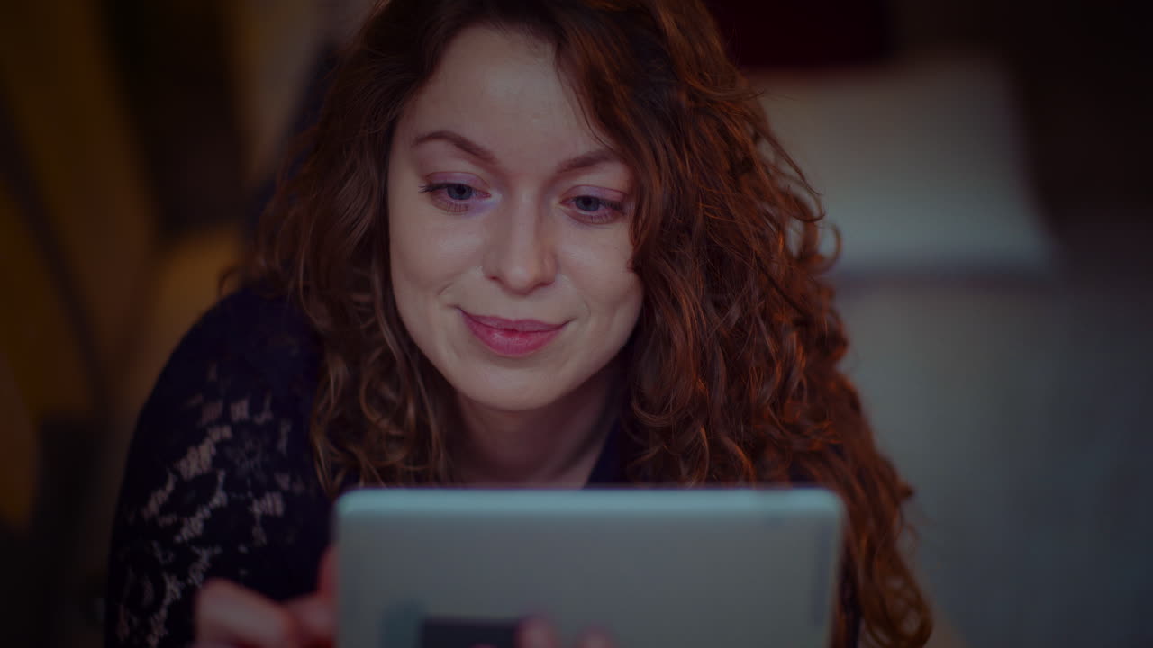 Positive Smiling Woman Doing Online Shopping On Digital Tablet