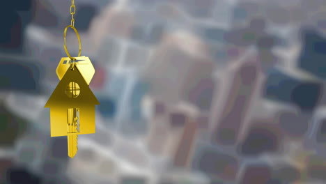 animation of gold house key fob and key, hanging in front of blurred city buildings