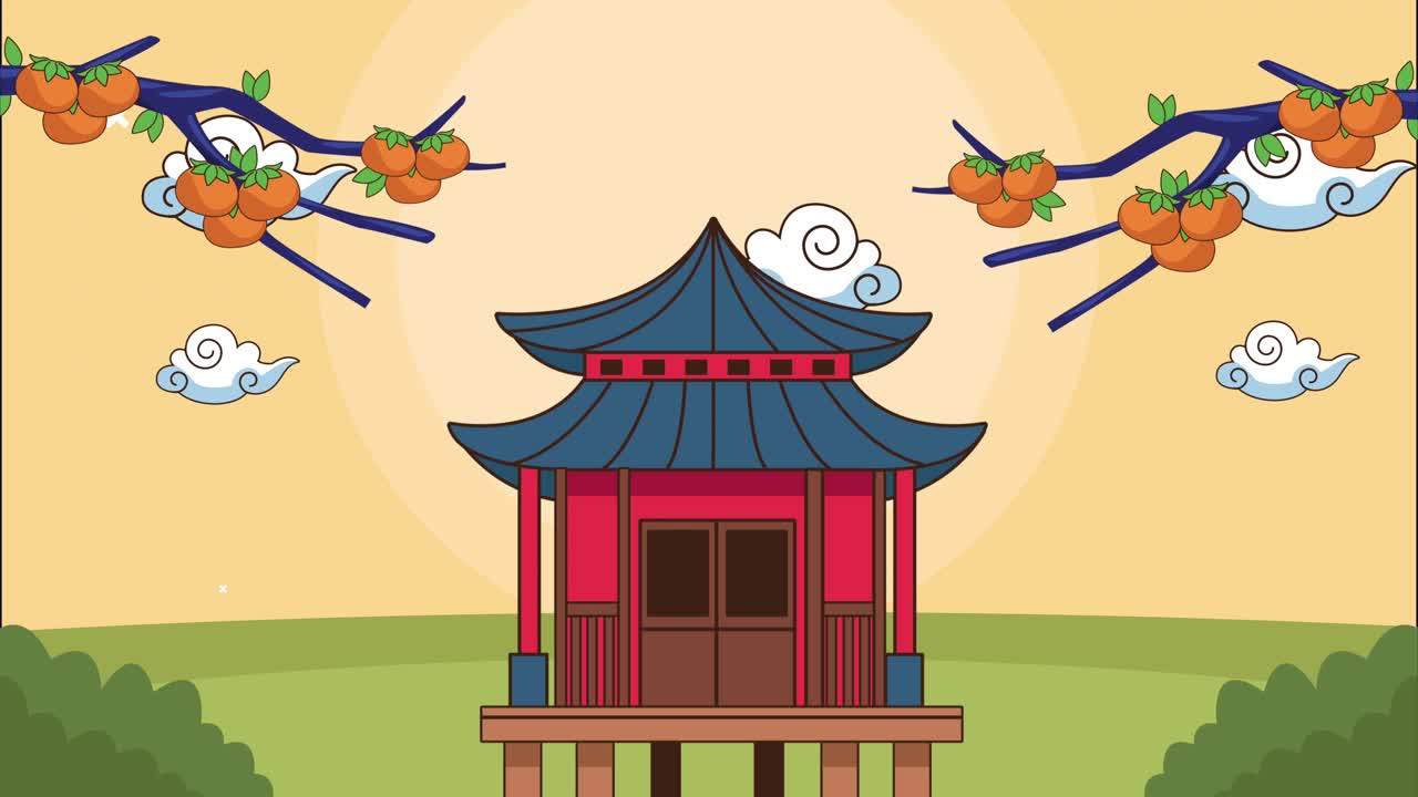 중국인 집과 나무 가지와 함께 행복한 소크 축제