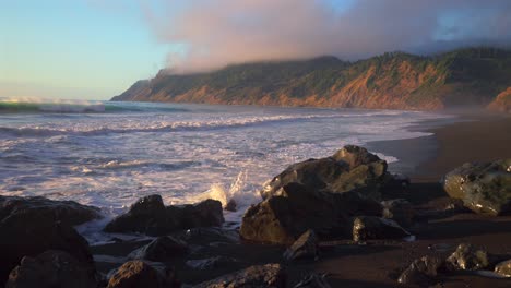 usal beach campground sunset pacific ocean surf waves rocky black sand lost coast trail california evening mist fog bluffs rugged coastline remote untouched sinkhole wilderness nature landscape static