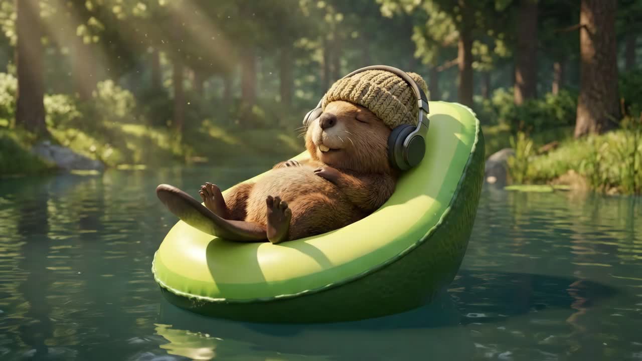 Beaver Relaxing on Avocado Float with Headphones