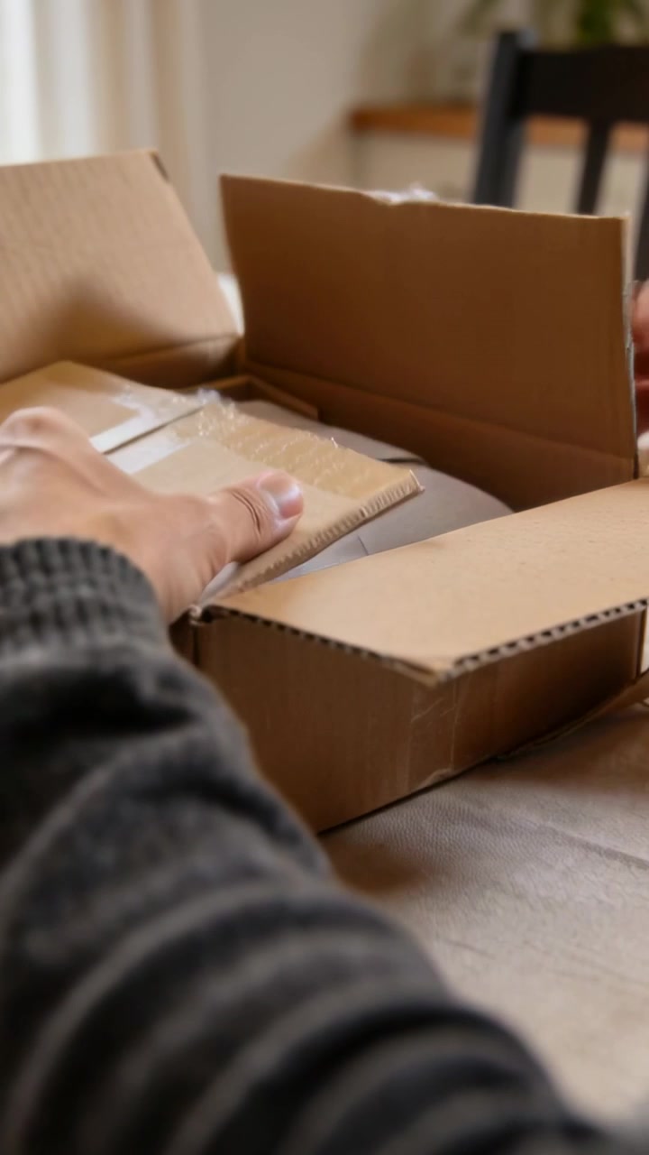 Vertical video: Lifting flap, two hands lifting parcel from box at home for inspection, dark sleeve