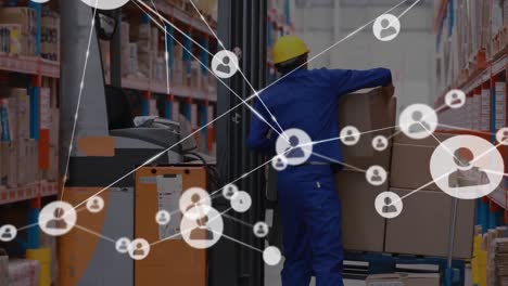 Animation-of-network-of-profiles-over-caucasian-male-worker-loading-boxes-in-forklift-at-warehouse