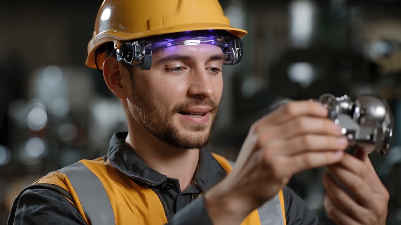 Un lavoratore tiene in mano un componente robotico, gli occhi concentrati. Il casco mostra un'interfaccia blu luminosa. Sfondo sfocato, ambiente di officina. Sorride sottilmente, fiducioso nel suo compito.