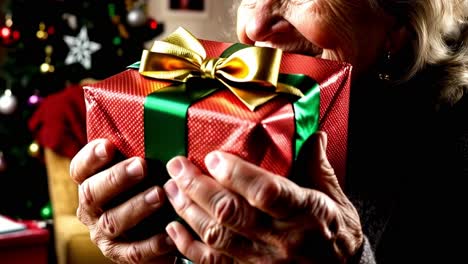 una anciana recibe con entusiasmo un regalo de navidad.