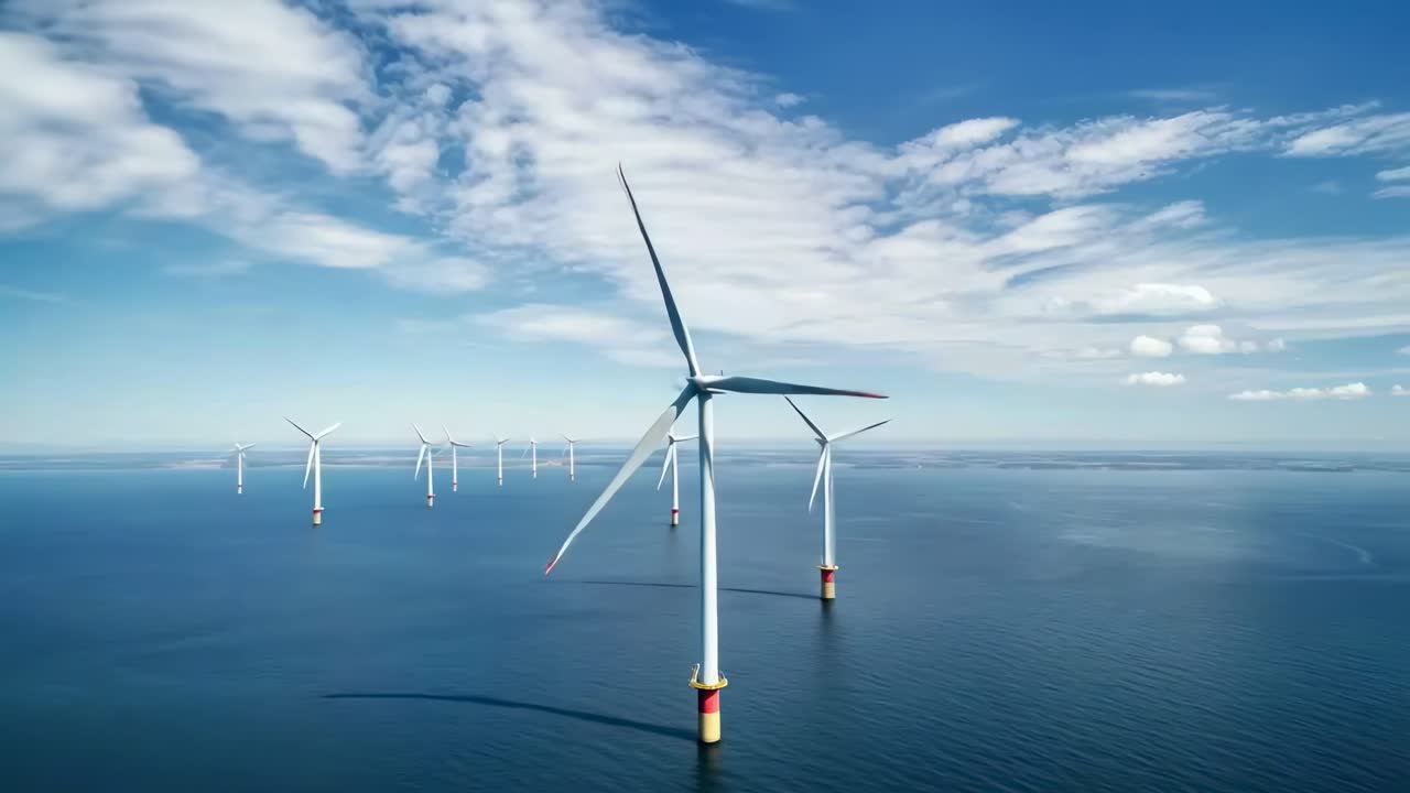 Aerial video of offshore wind turbines under a blue sky, showcasing renewable energy