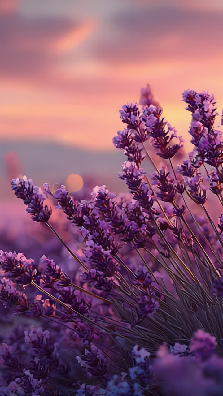 Una splendida distesa di fiori di lavanda immersa nel caldo bagliore del tramonto, che crea un paesaggio sereno e pittoresco che cattura i sensi e invita alla tranquillità