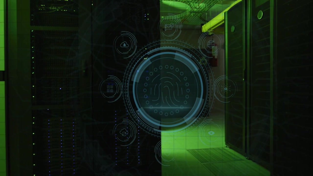 DATA PROTECTION text appearing, 3D HUD forming, scanning fingerprint and securing server racks