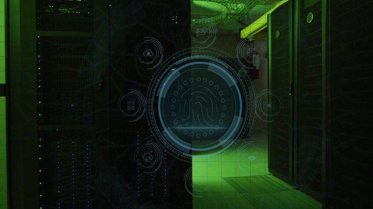 DATA PROTECTION text appearing, 3D HUD forming, scanning fingerprint and securing server racks
