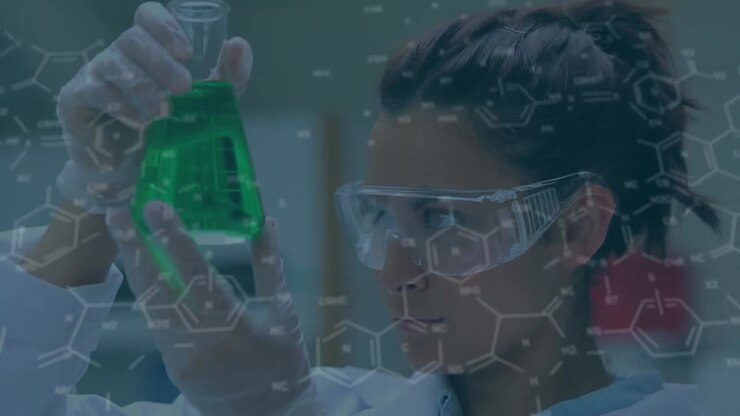 Animation of molecules over biracial female scientist in lab