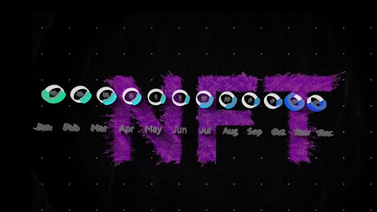 Animation of nft text over data processing on black background