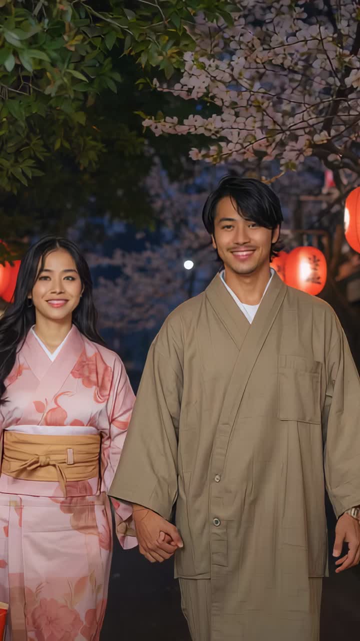 Video verticale: coppia che cammina mano nella mano indossando kimono rosa e beige mentre percorre un sentiero illuminato da lanterne