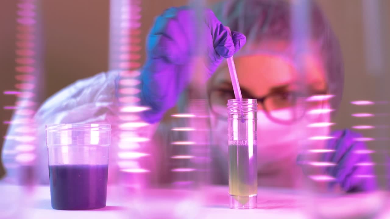Scientist women researching on lab with colorful liquid solutions on glass tubes studying Coronavirus outbreak