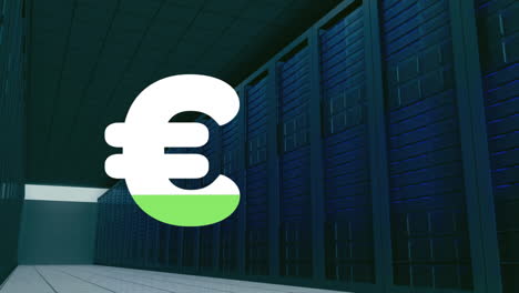 animazione del segno della moneta euro che si riempie di verde su server informatici