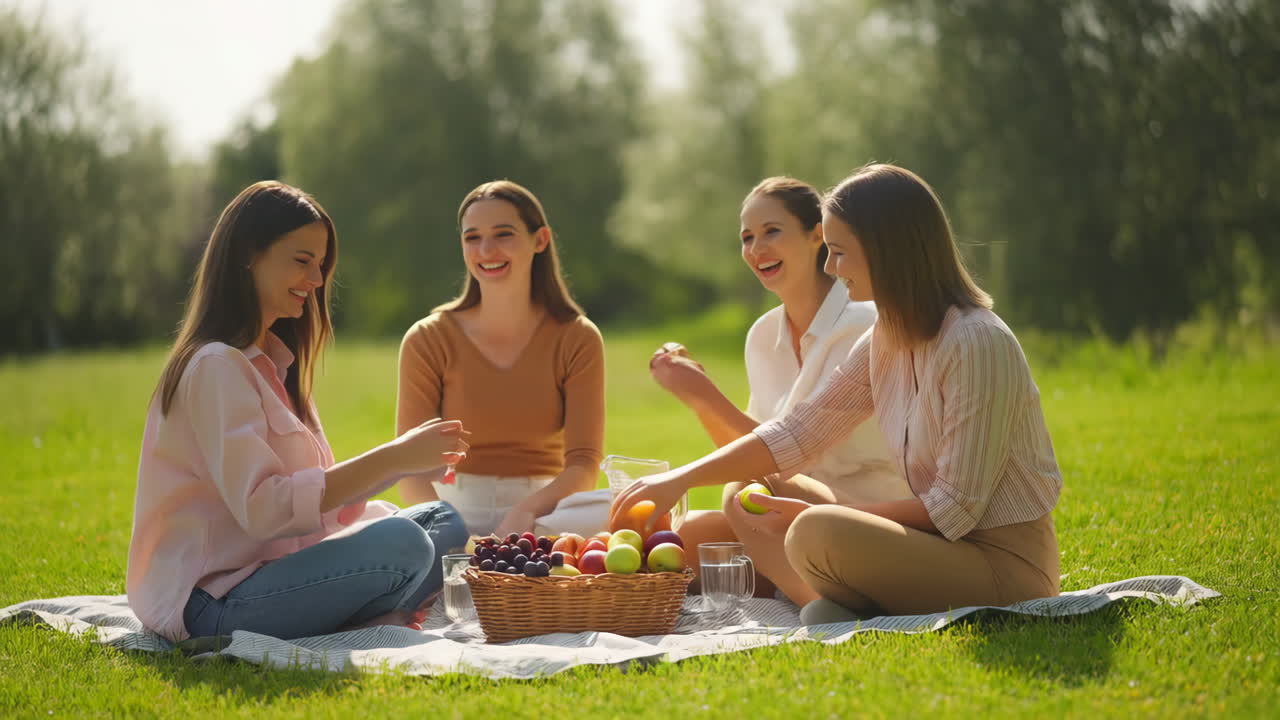 Four young women enjoying a sunny picnic in a park