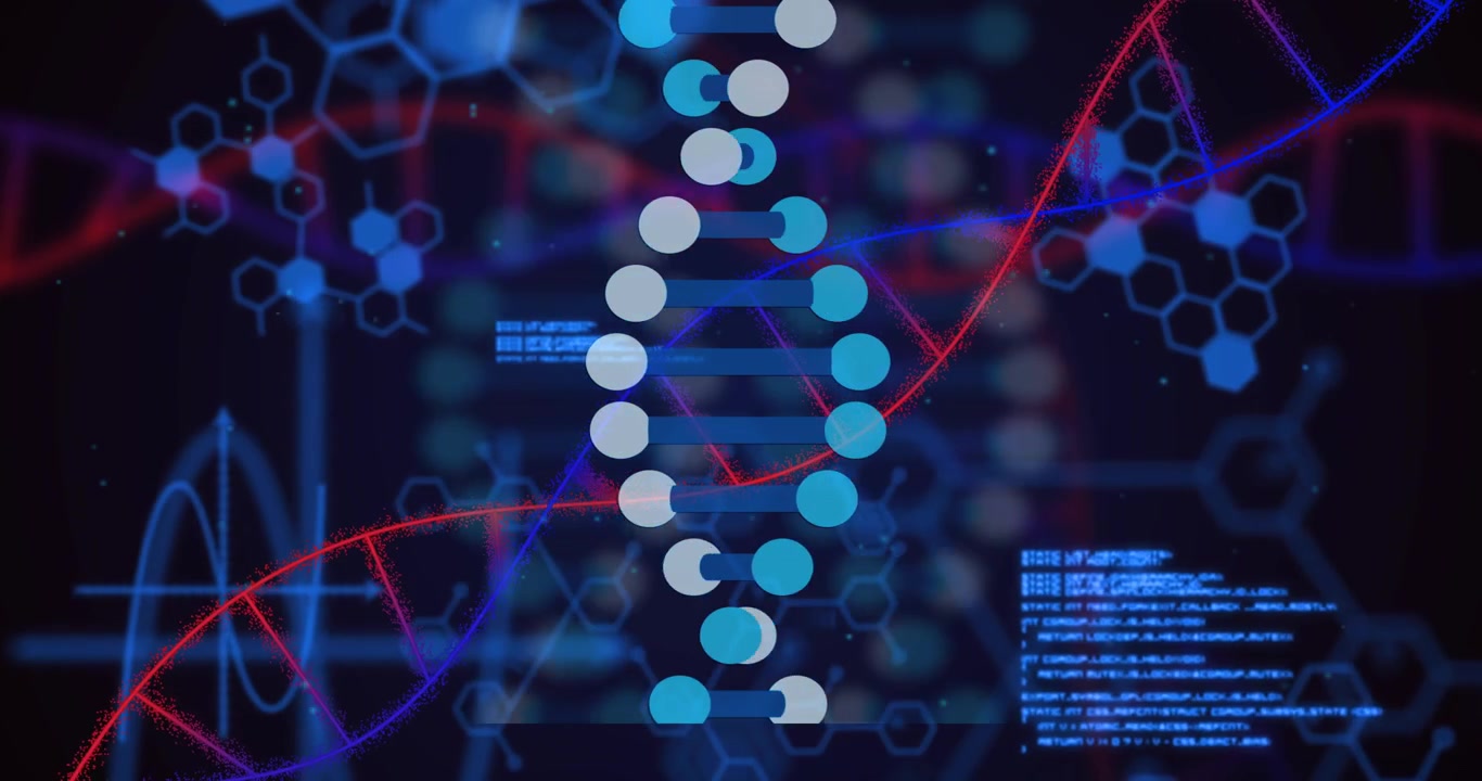 Markers appearing, stacking and connecting, forming double helix while ribbons weaving to show data