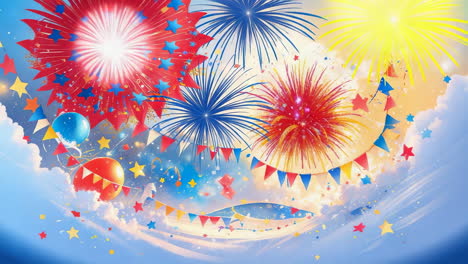 colorful fireworks celebration with balloons and banners