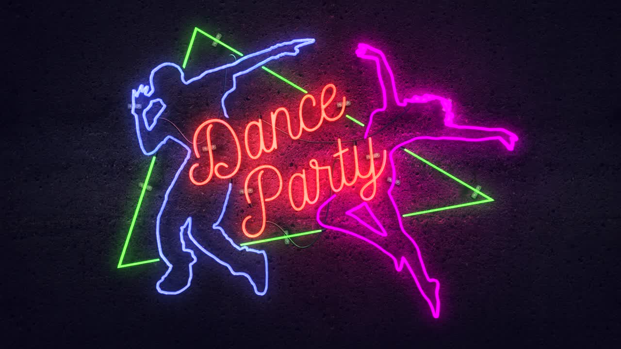 Realistic render of a vivid and vibrant animated neon sign, with the words Dance Party, on a concrete wall background