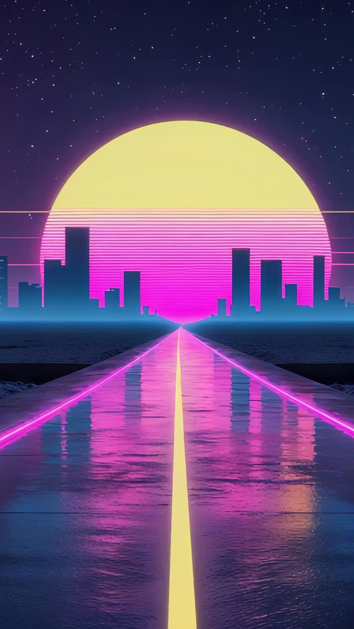 Vertical video: Starting neon-lined highway glowing in vaporwave landscape, reflecting sun colors