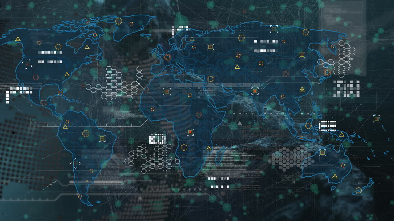 Animation of data processing, icons and word map on black background with connections