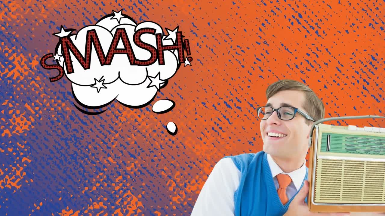 animación de un hombre sonriente sosteniendo una radio retro, rompe el texto en la burbuja de habla en un fondo angustiado