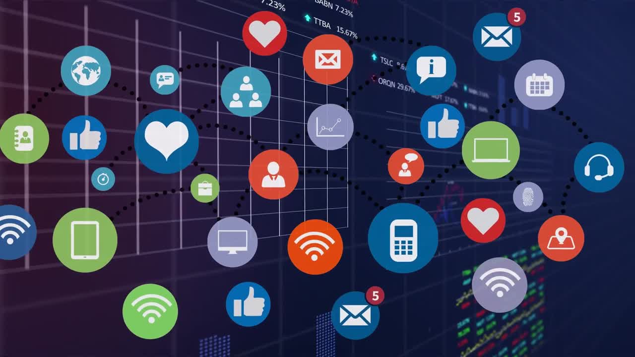 Animazione di icone tecnologiche su dati finanziari e grafici su sfondo blu navy.