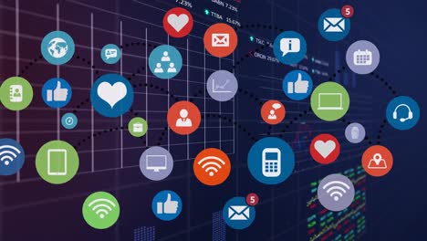 animación de iconos tecnológicos sobre datos financieros y gráficos en el fondo de la marina