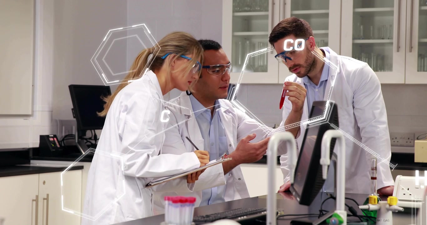 Lab team clustering right holding test tube near screen causing hex flagging sample for analysis