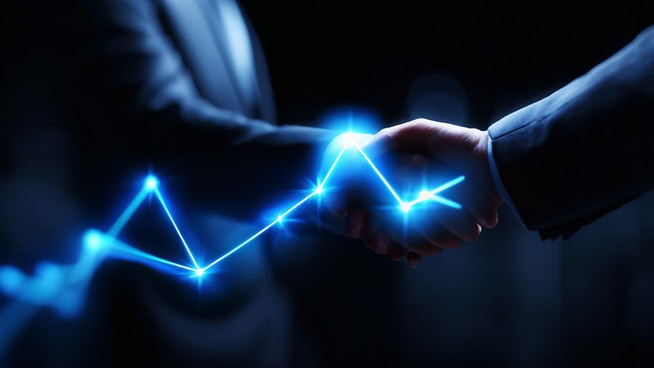 A Symbolic Business Agreement: Two Professionals Shaking Hands with a Digital Graph Representation of Growth and Success in the Background, Highlighting Collaboration and Partnership